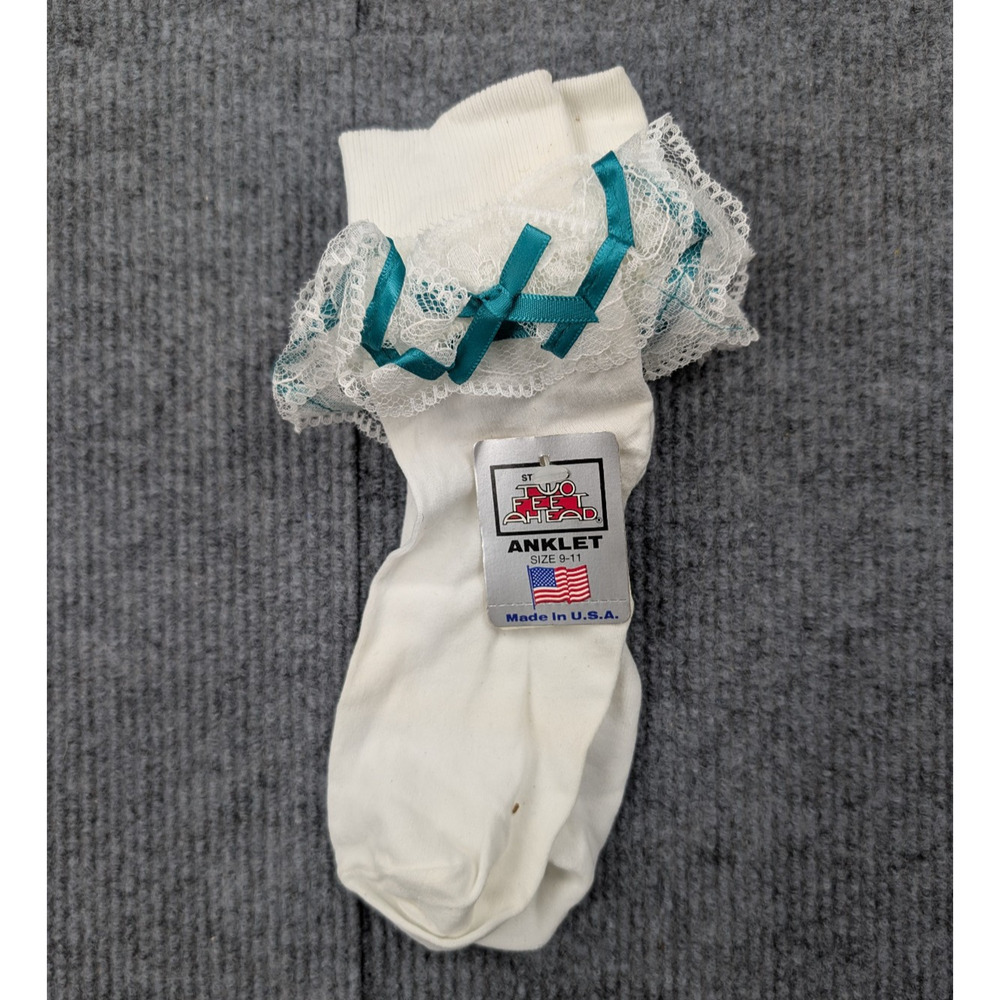 Vintage Lace Ruffle Socks Womens 9-11 Nylon Coquette White Teal Ribbon Girly Y2K